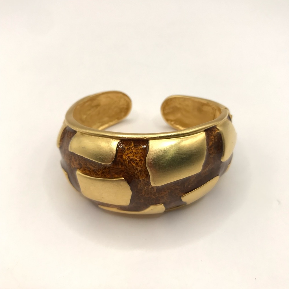 Gold-Tone and Brown Enamel Patterned Cuff Bracelet - Picture 4 of 9